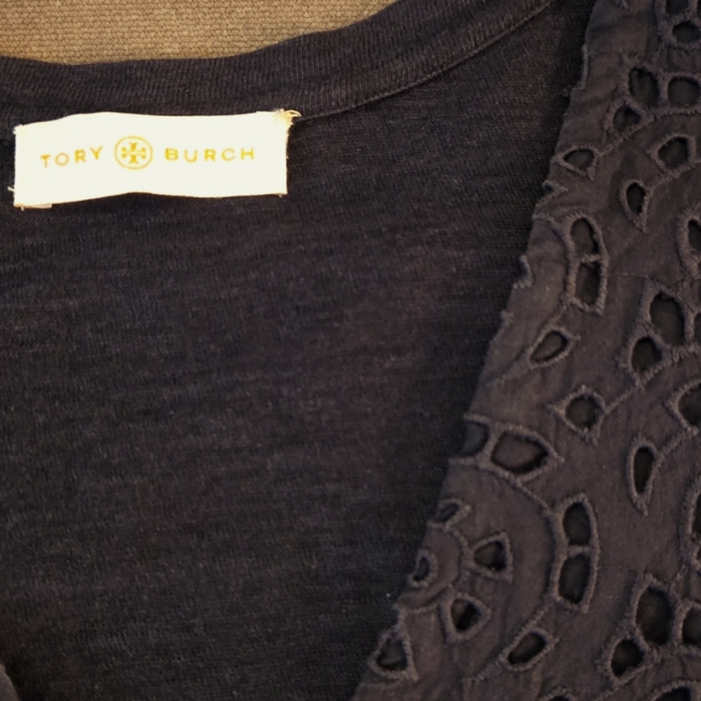 TORY BURCH Navy Eyelet Long Sleeve Mixed Media Cotton Linen Top Size 10